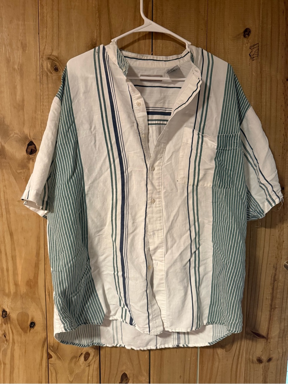 Bugle Boy White Shirt with Green & Navy Vertical Stripes